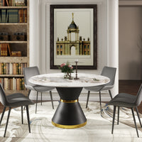 2 Sizes Round Sintered Stone Dining Table – Optional Rotating Lazy Susan, 2 Colors (Black/White) Pedestal Base with Gold Trim, Marble Pattern Tabletop