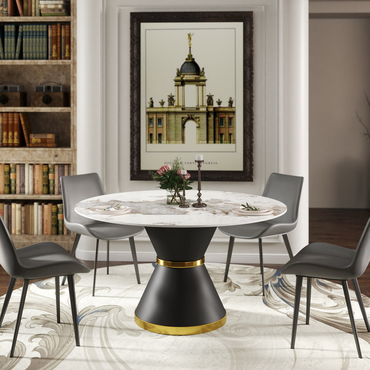 2 Sizes Round Sintered Stone Dining Table – Optional Rotating Lazy Susan, 2 Colors (Black/White) Pedestal Base with Gold Trim, Marble Pattern Tabletop