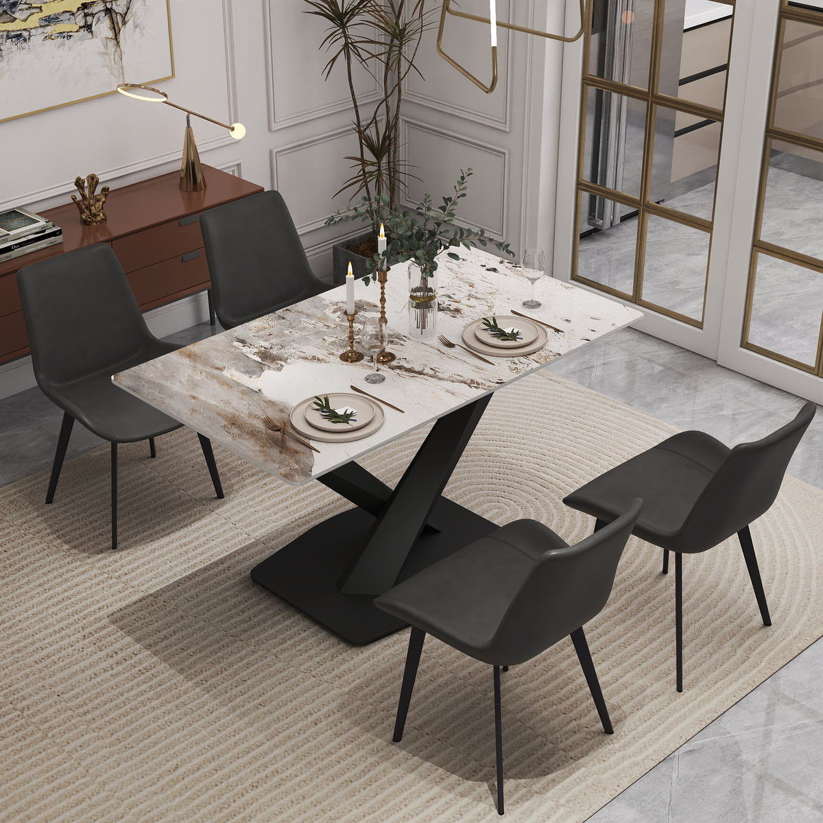 3 Sizes & 3 Colors Rectangular Dining Table – 2-Tone X-Shaped Metal Pedestal Base