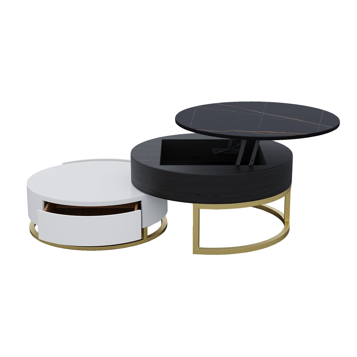Lift-Top Nesting Coffee Table with Storage – 2 Tabletop Options (Black/White Sintered Stone)