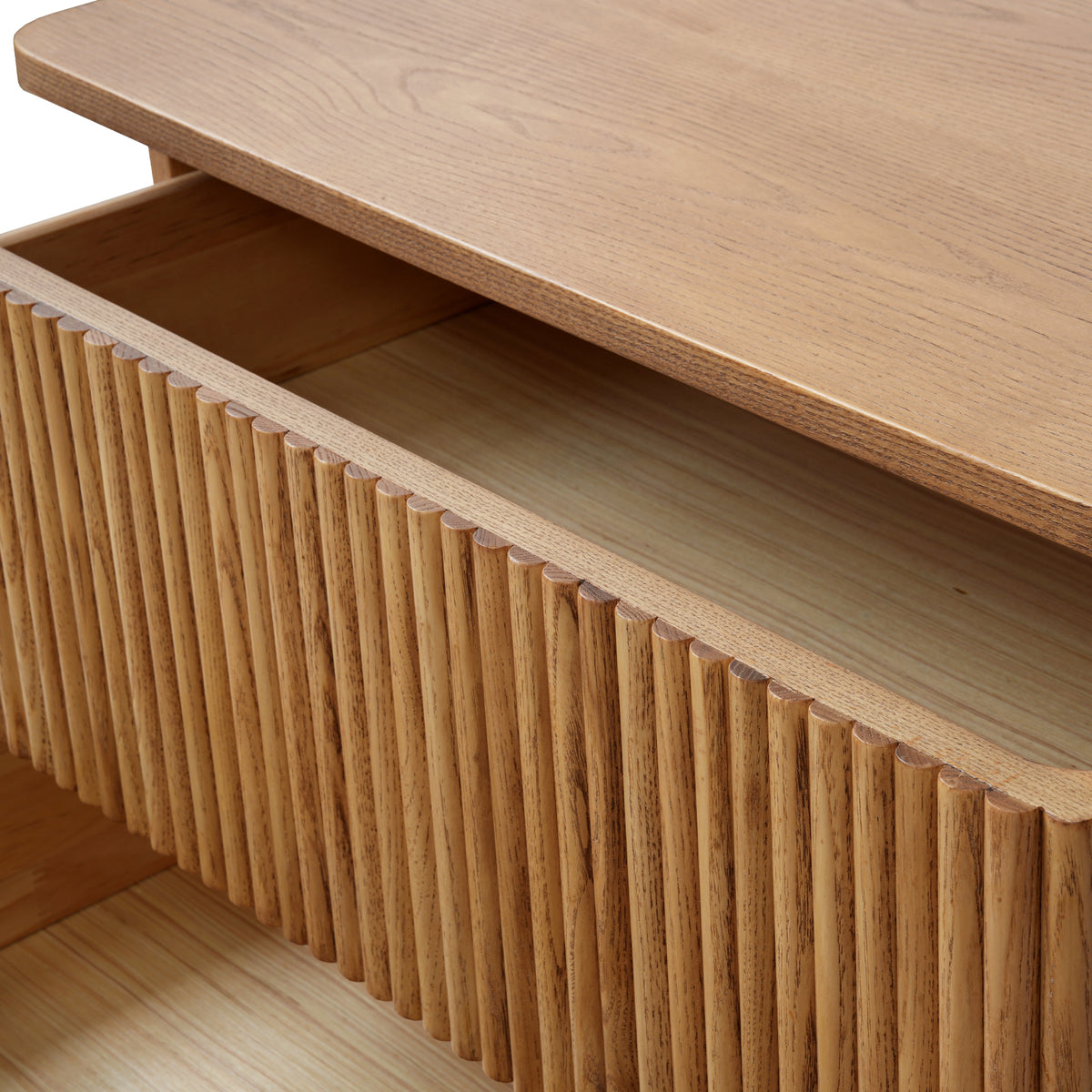Fluted Wood 2-Drawer Nightstand, Smooth Curved Trim Wooden Bedside Storage Cabinet for Minimalist Bedroom