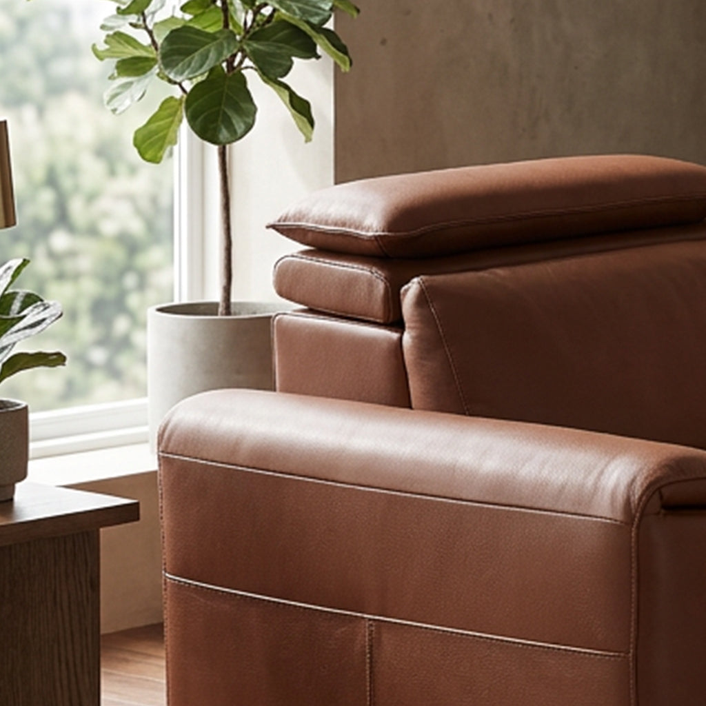4-Seater Leather Look Sofa with Adjustable Headrests & Side Pocket Storage