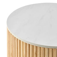 Ribbed Round Side Table – Natural Wood with Marble Tabletop, Modern End Table for Living Room