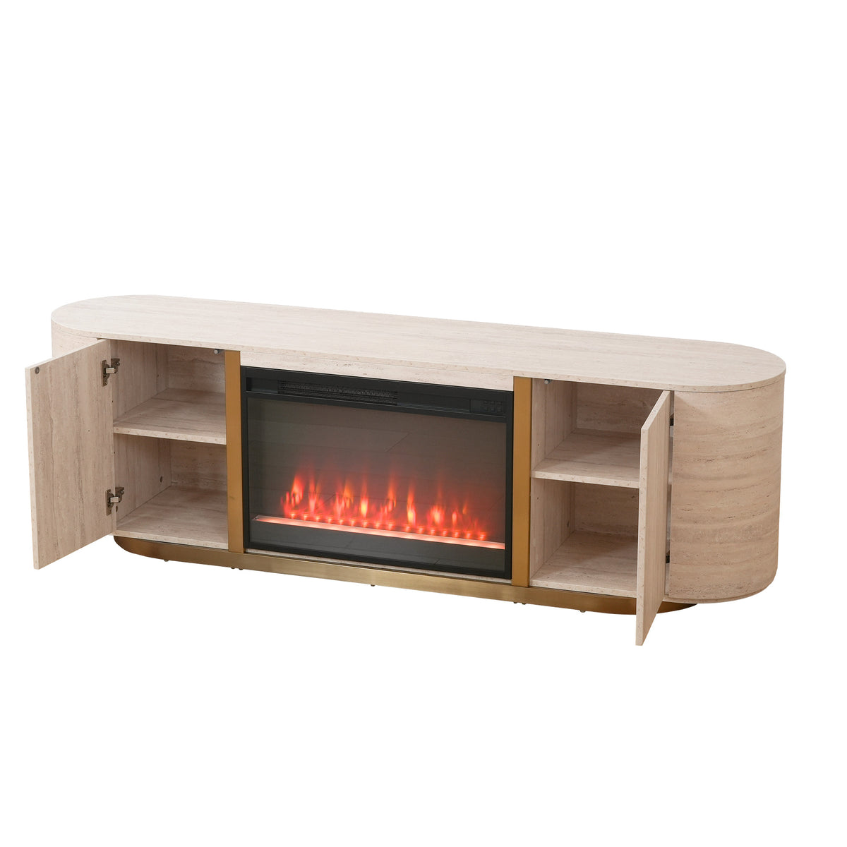 Modern Travertine Panel TV Stand with Fireplace