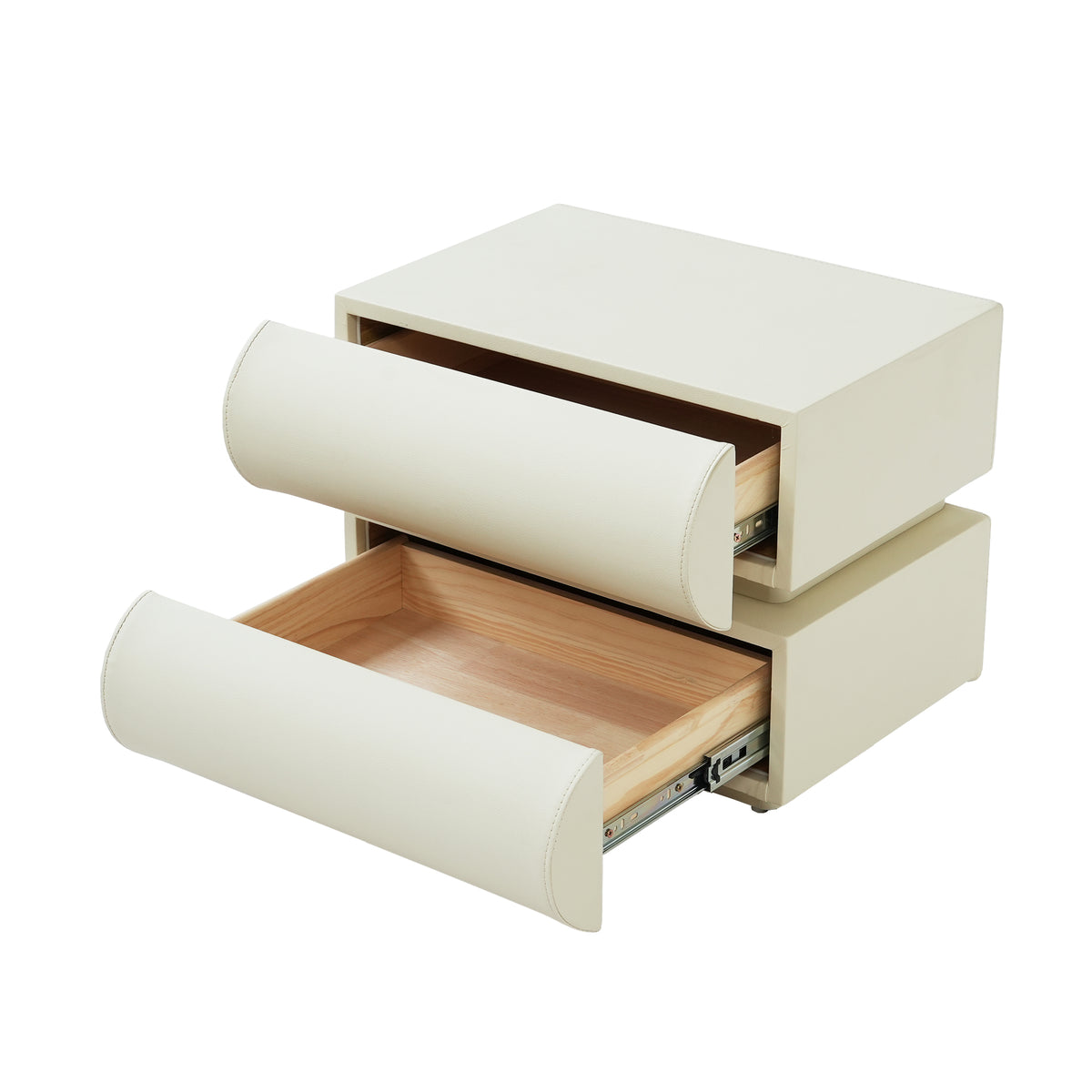 Cream Upholstered 2-Drawer Nightstand with Curved Handles – Modern Bedside Table