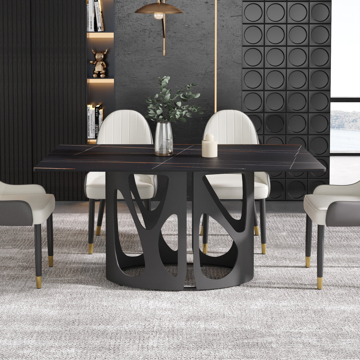 2 Sizes & 3 Colors Rectangular Dining Table – Artistic Cutout Metal Pedestal Base