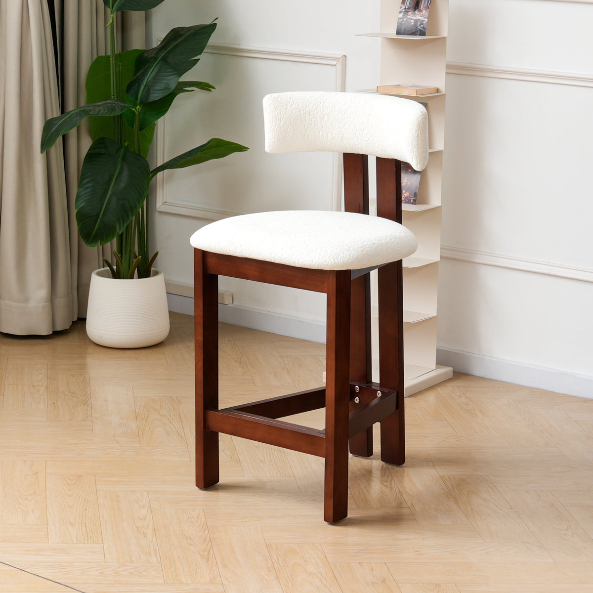 Minimalist Upholstered Counter Bar Stool Set, Walnut Solid Wood Frame, 2-Pack Per Box