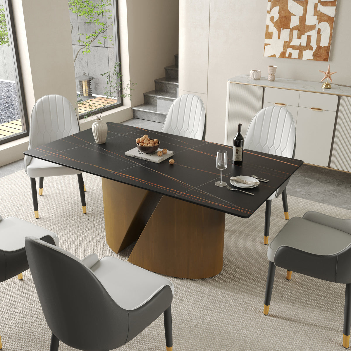 2 Sizes & 3 Colors Rectangular Dining Table – Artistic Gold Pedestal Base