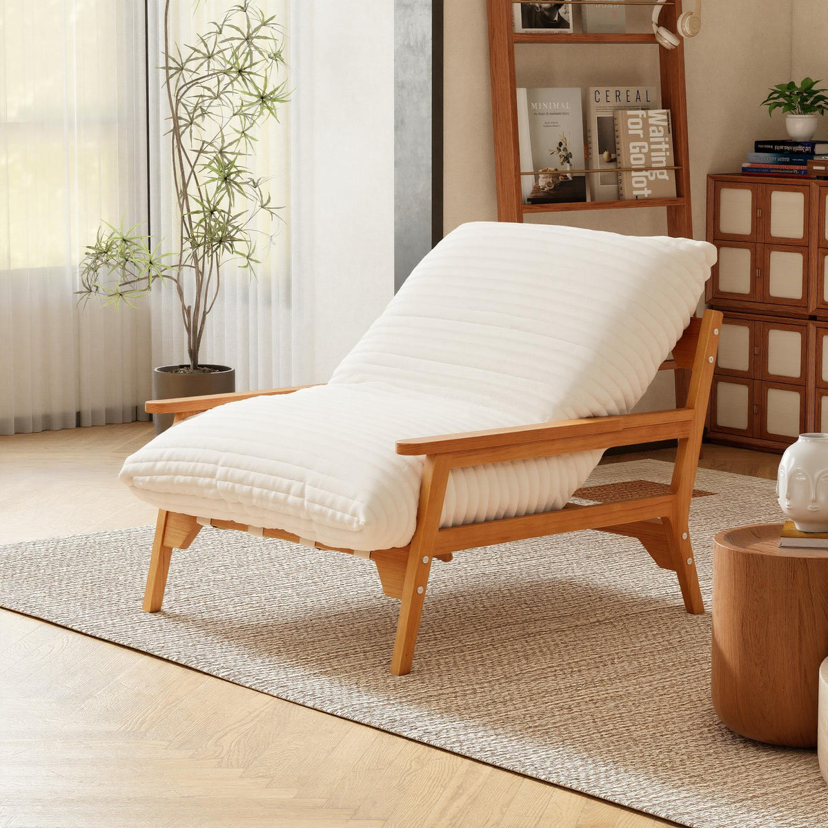 White Ash Wood Frame Chaise Lounge Accent Chair with Striped Cushion