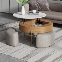 Lift-Top Round Coffee Table with Hidden Storage & 3 Upholstered Stools – 2 Color Options (Black/Natural Wood)