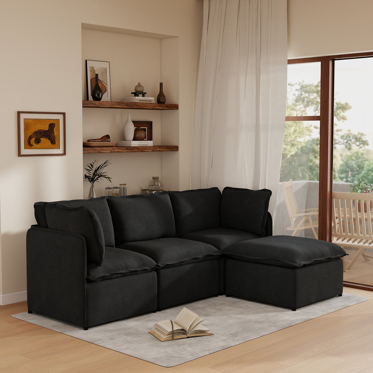 Modular L-Shaped Linen-Look Sectional Sofa, 4 Color Options, Freely Reconfigurable Couch with Removable Washable Covers & Sturdy Iron Frame