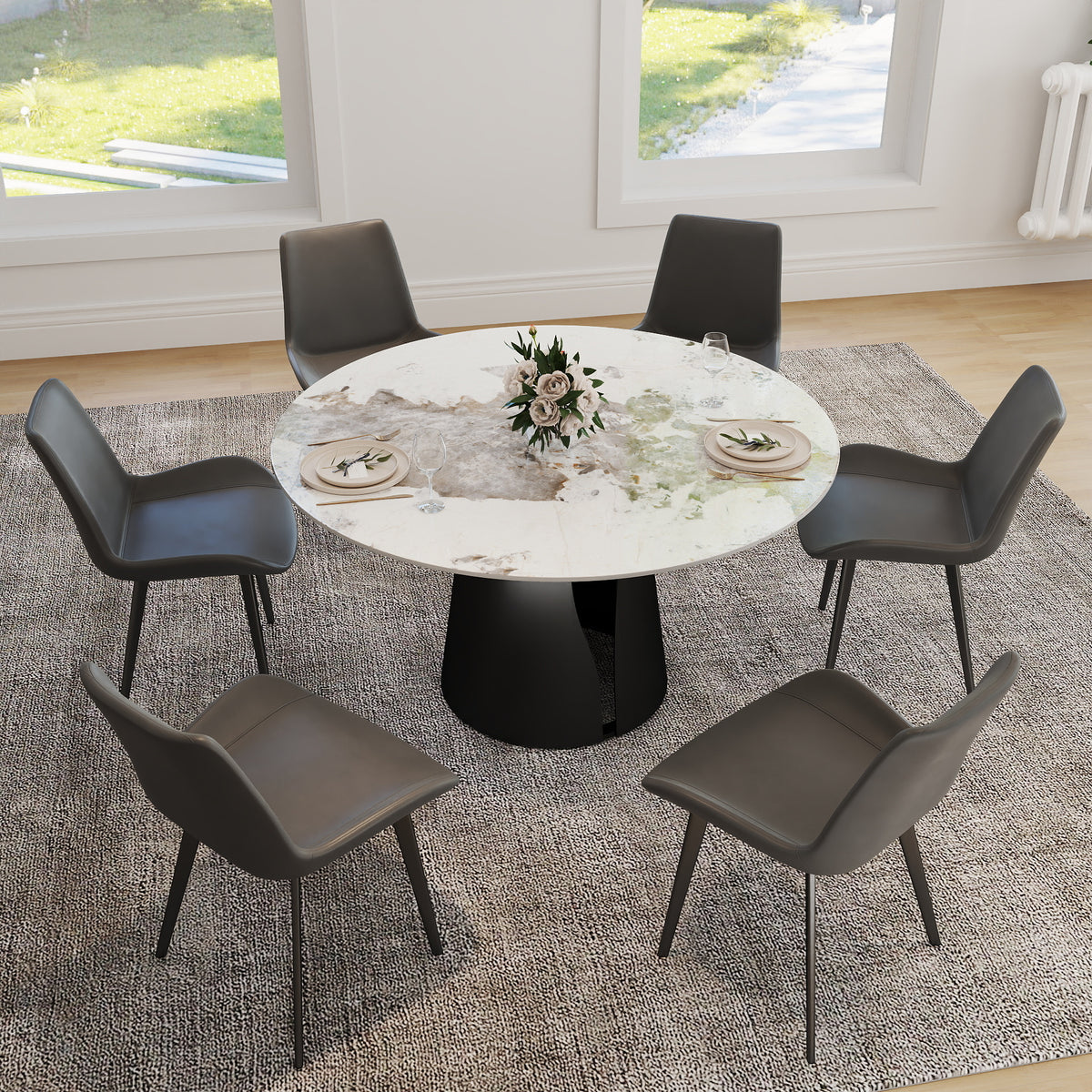 2 Sizes Round Pandora-Color Dining Table – Optional Rotating Lazy Susan, Black Pedestal Base