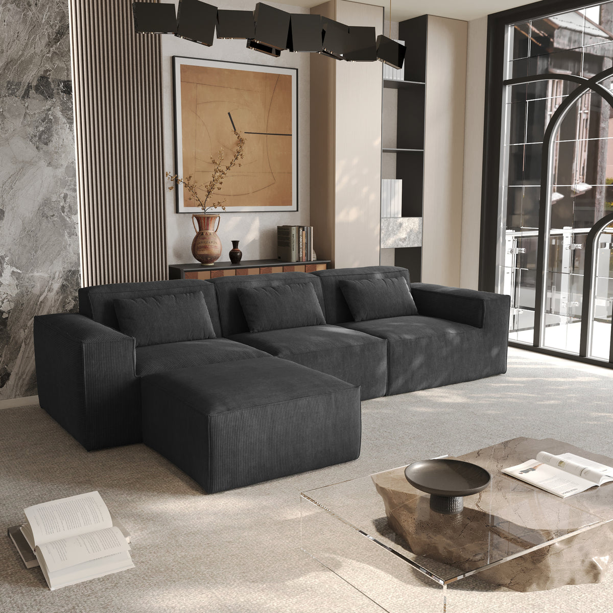 Compressible Modular Sectional Sofa – Cloud Velvet Fabric + Flexible Assembly, Minimalist Relaxed Vibe Living Room Sofa