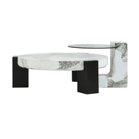 Black & White Veined Laminate Round Coffee Table – Contrast Block Legs Center Table