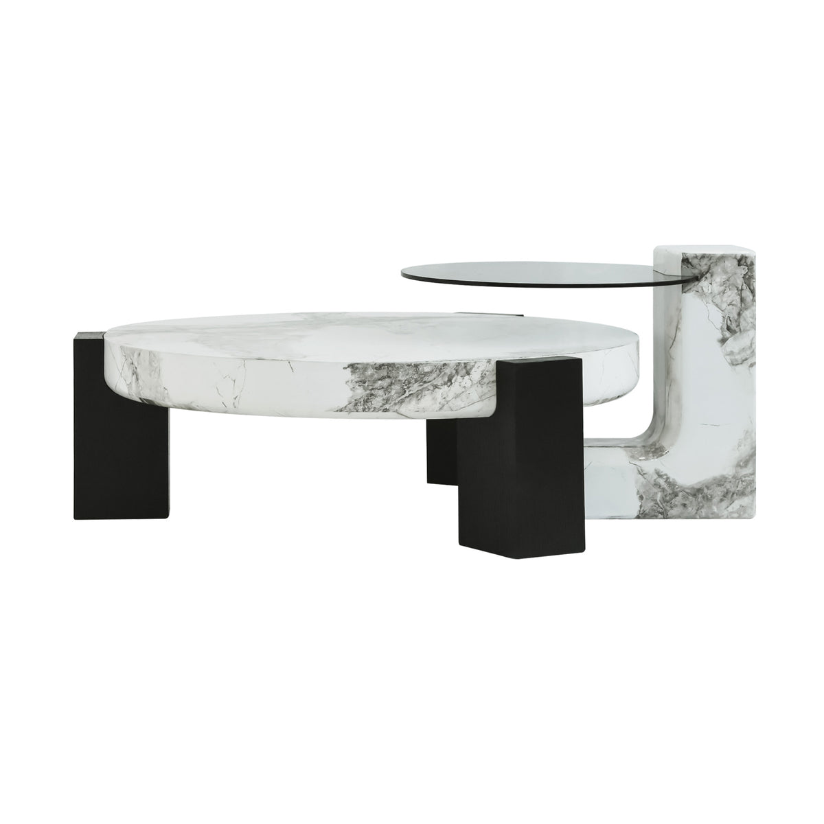 Black & White Veined Laminate Round Coffee Table – Contrast Block Legs Center Table