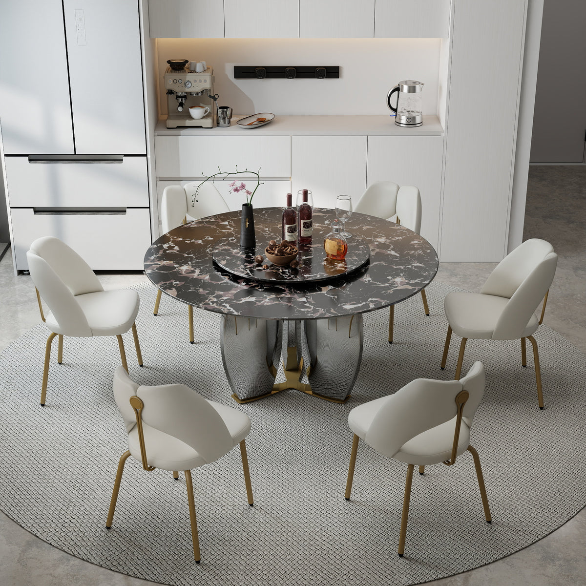 Mirrored Base Round Dining Table – 2 Color/Size Marble Tabletop Options, Optional Lazy Susan