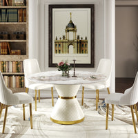 2 Sizes Round Sintered Stone Dining Table – Optional Rotating Lazy Susan, 2 Colors (Black/White) Pedestal Base with Gold Trim, Marble Pattern Tabletop