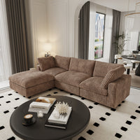 L-Shaped Corduroy Modular Sofa with Ottoman – Cream White Ribbed Fabric, Sectional Sofa for Living Room