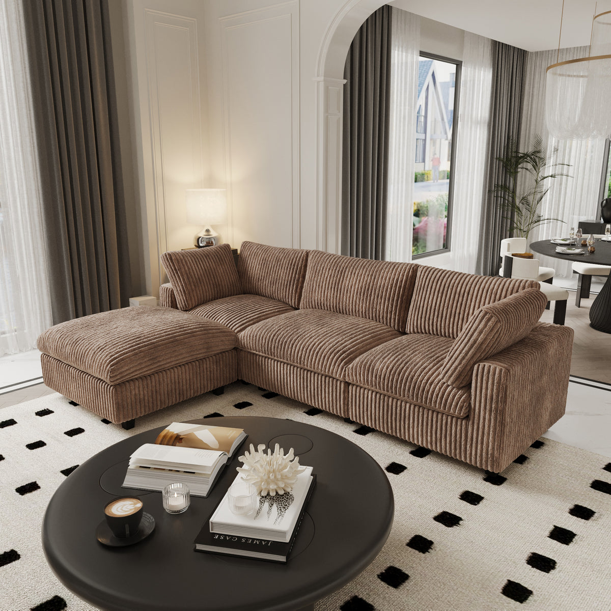 L-Shaped Corduroy Modular Sofa with Ottoman – Cream White Ribbed Fabric, Sectional Sofa for Living Room