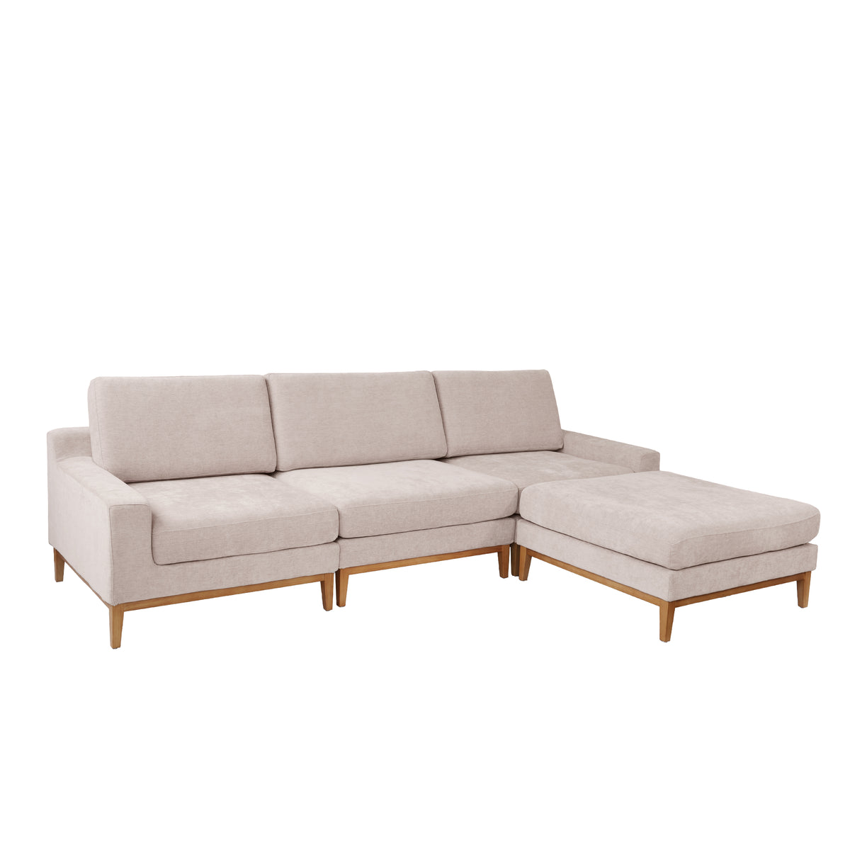 L-Shaped Linen-Look Sectional Sofa with Solid Wood Legs, Modular Chaise Couch for Living Room
