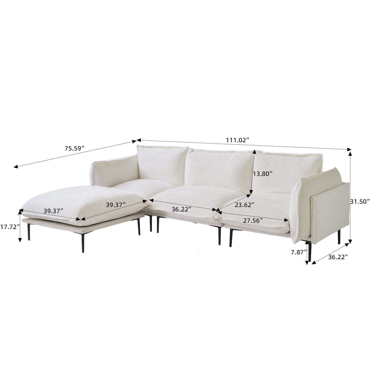 Minimalist L-Shaped Modular Sofa with Ottoman – 20cm High Legs, Light Luxury Living Room Sectional