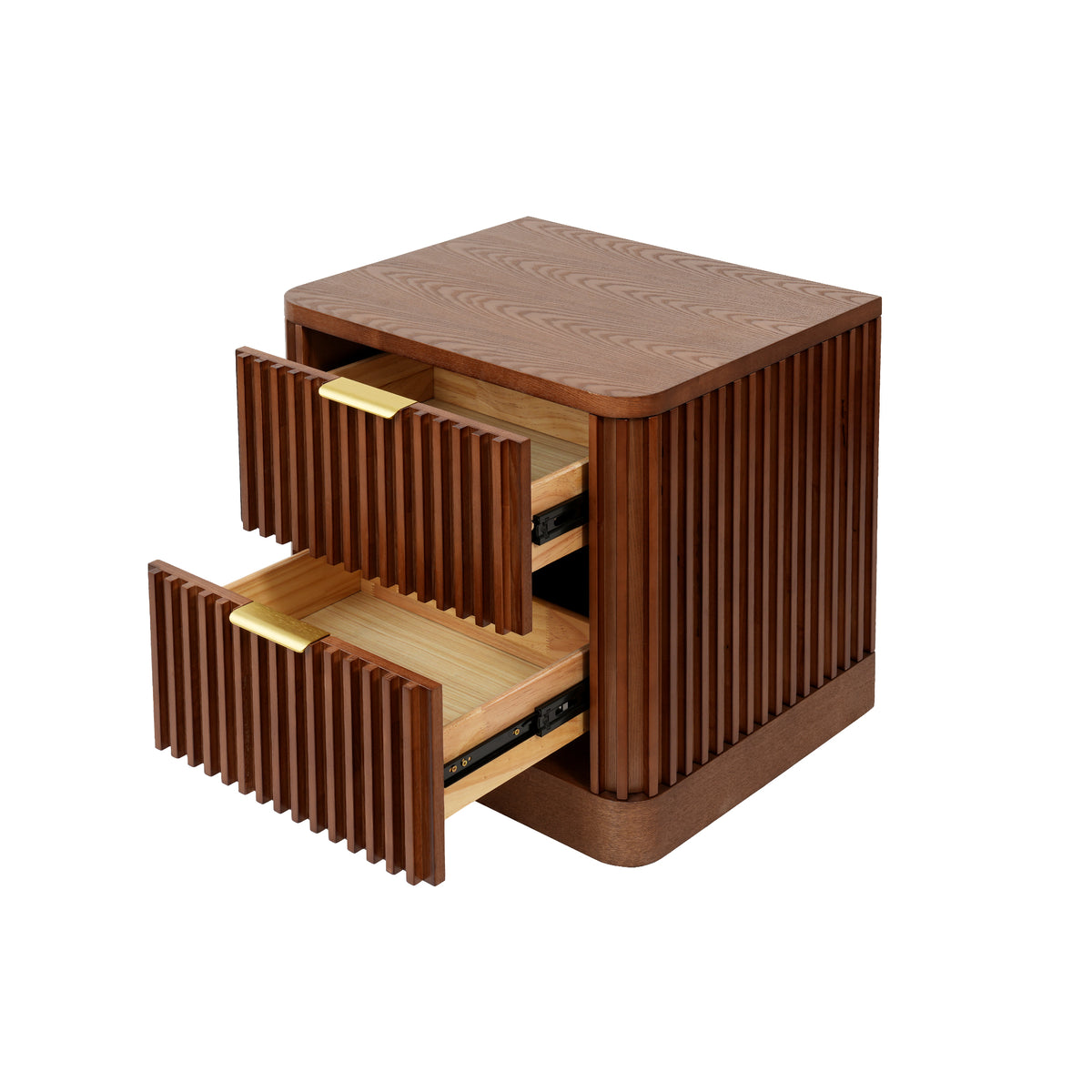 Fluted Solid Wood Nightstand with 2 Drawers, Vintage Rounded Bedside Cabinet for Bedroom Storage
