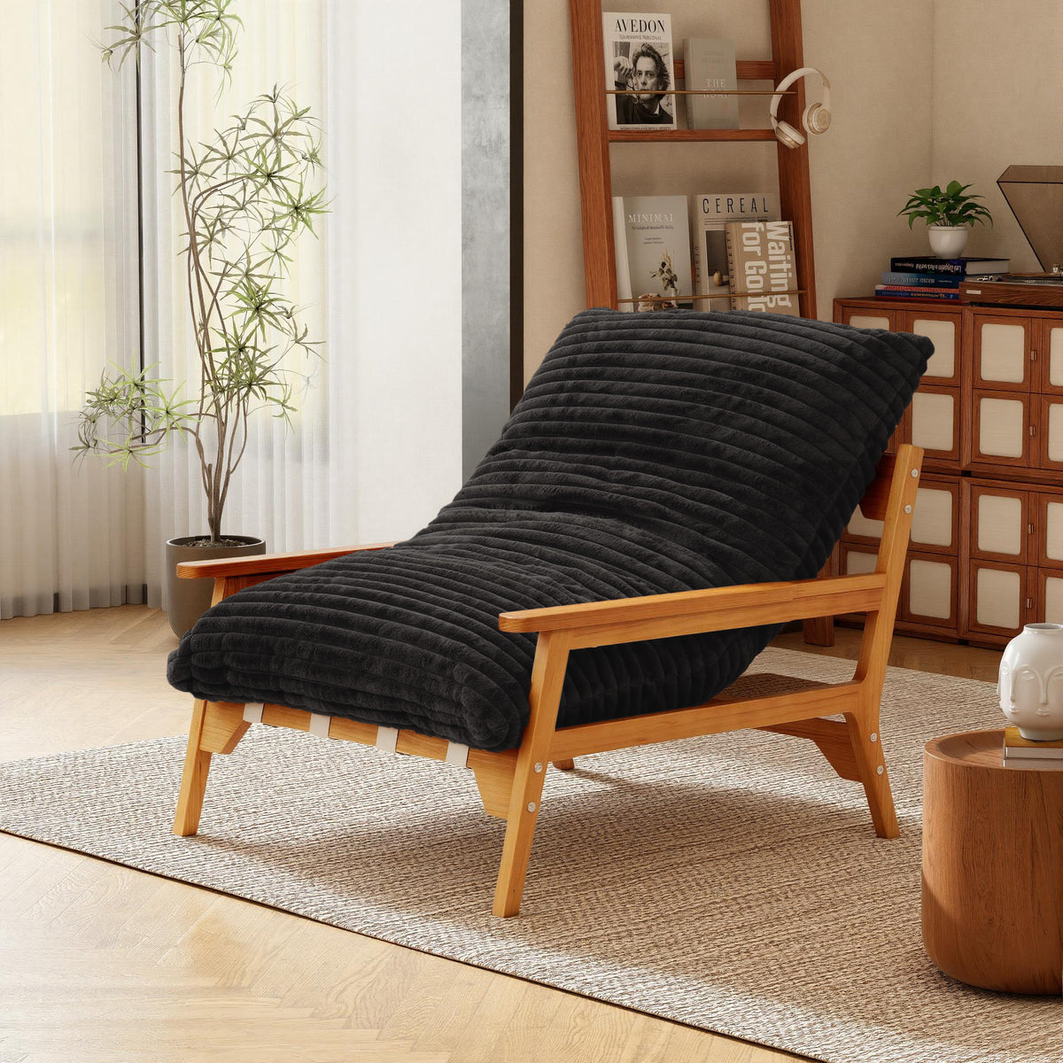 White Ash Wood Frame Chaise Lounge Accent Chair with Striped Cushion