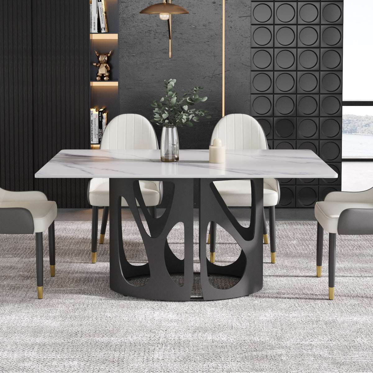 2 Sizes & 3 Colors Rectangular Dining Table – Artistic Cutout Metal Pedestal Base