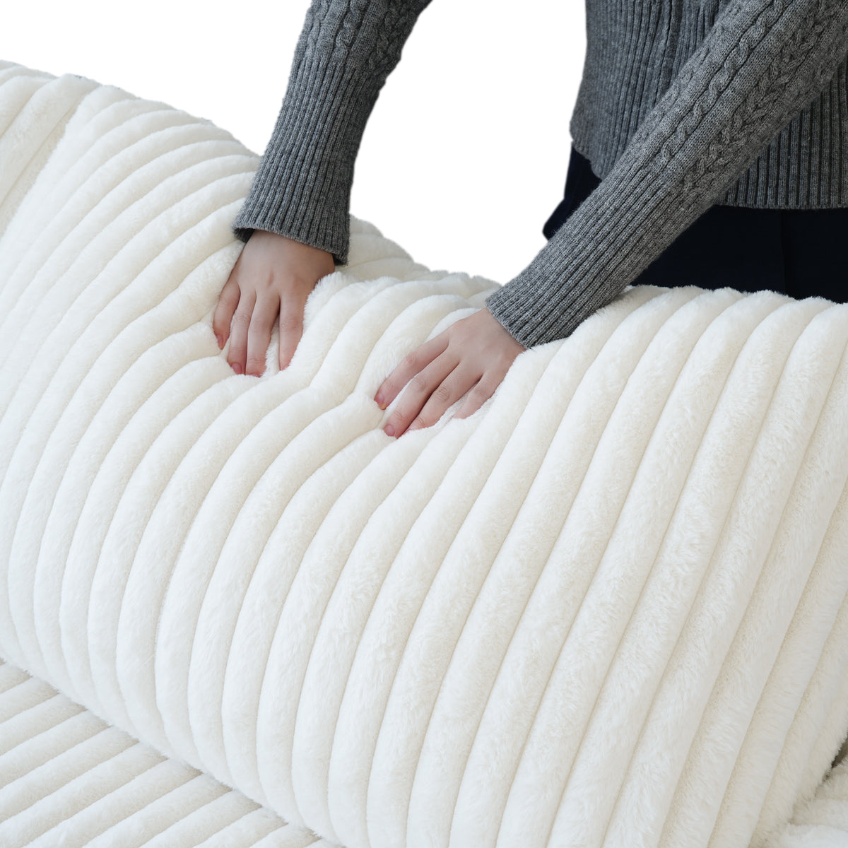 L-Shaped Corduroy Modular Sofa with Ottoman – Cream White Ribbed Fabric, Sectional Sofa for Living Room