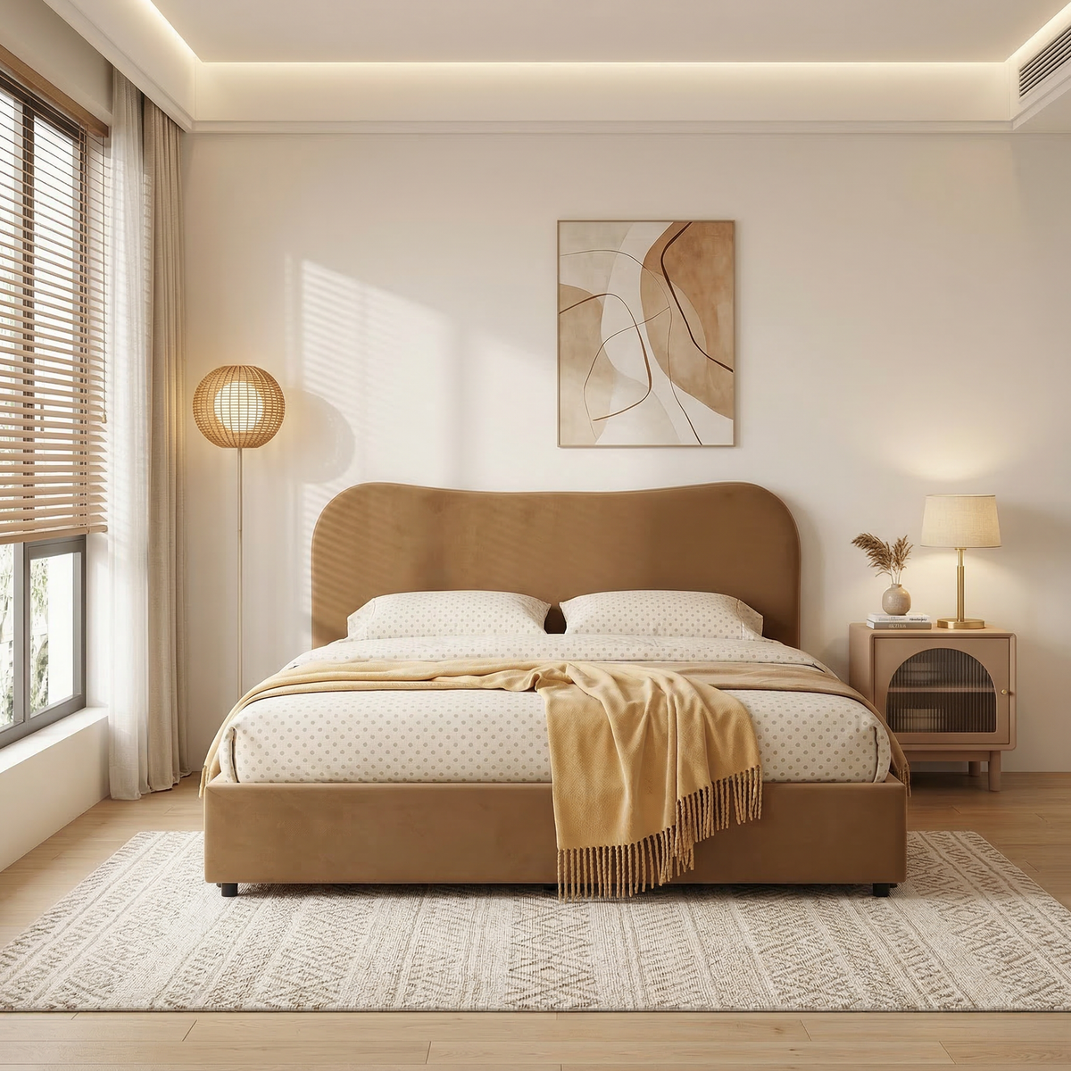 Wave-Shaped Upholstered Platform Bed – 2 Color Options, Queen & King Size