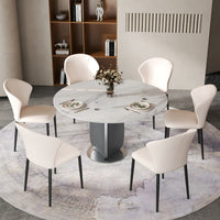 2 Sizes & 3 Colors Round Sintered Stone Dining Table – Optional Rotating Lazy Susan, Polished Gray Stainless Steel Pedestal Base, Marble Pattern Tabletop for Home Kitchen & Dining Room