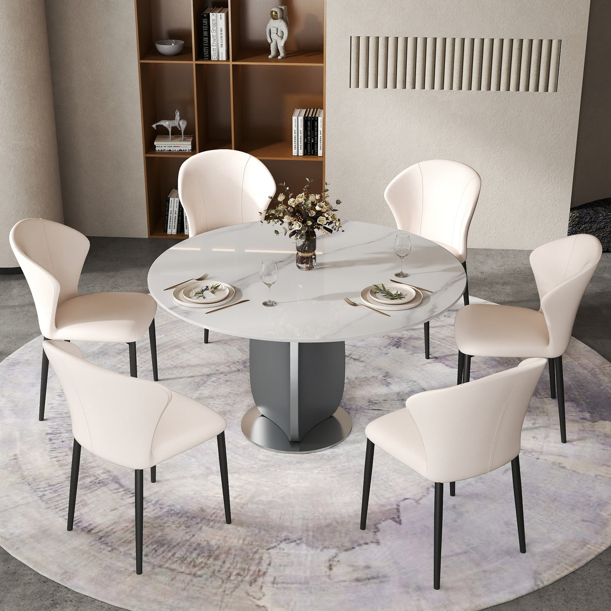 2 Sizes & 3 Colors Round Sintered Stone Dining Table – Optional Rotating Lazy Susan, Polished Gray Stainless Steel Pedestal Base, Marble Pattern Tabletop for Home Kitchen & Dining Room