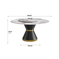 2 Sizes Round Sintered Stone Dining Table – Optional Rotating Lazy Susan, 2 Colors (Black/White) Pedestal Base with Gold Trim, Marble Pattern Tabletop