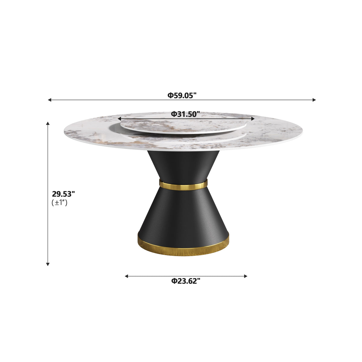 2 Sizes Round Sintered Stone Dining Table – Optional Rotating Lazy Susan, 2 Colors (Black/White) Pedestal Base with Gold Trim, Marble Pattern Tabletop