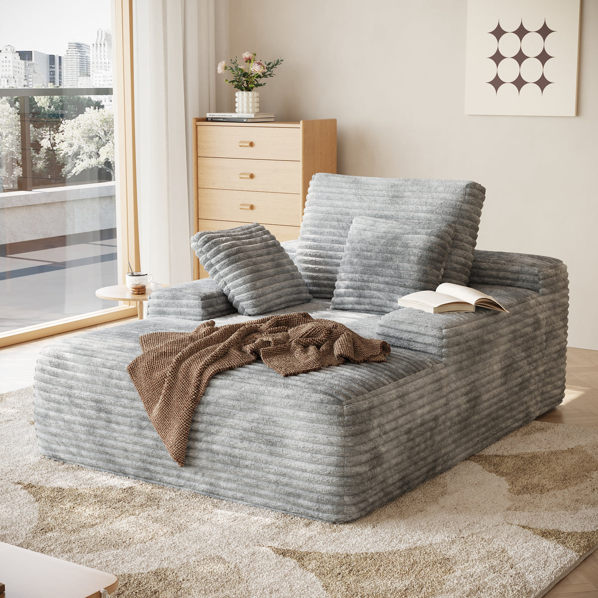 Modular Corduroy Lazy Sofa – Convertible Single Chaise Lounge with Pillows for Living Room/Bedroom