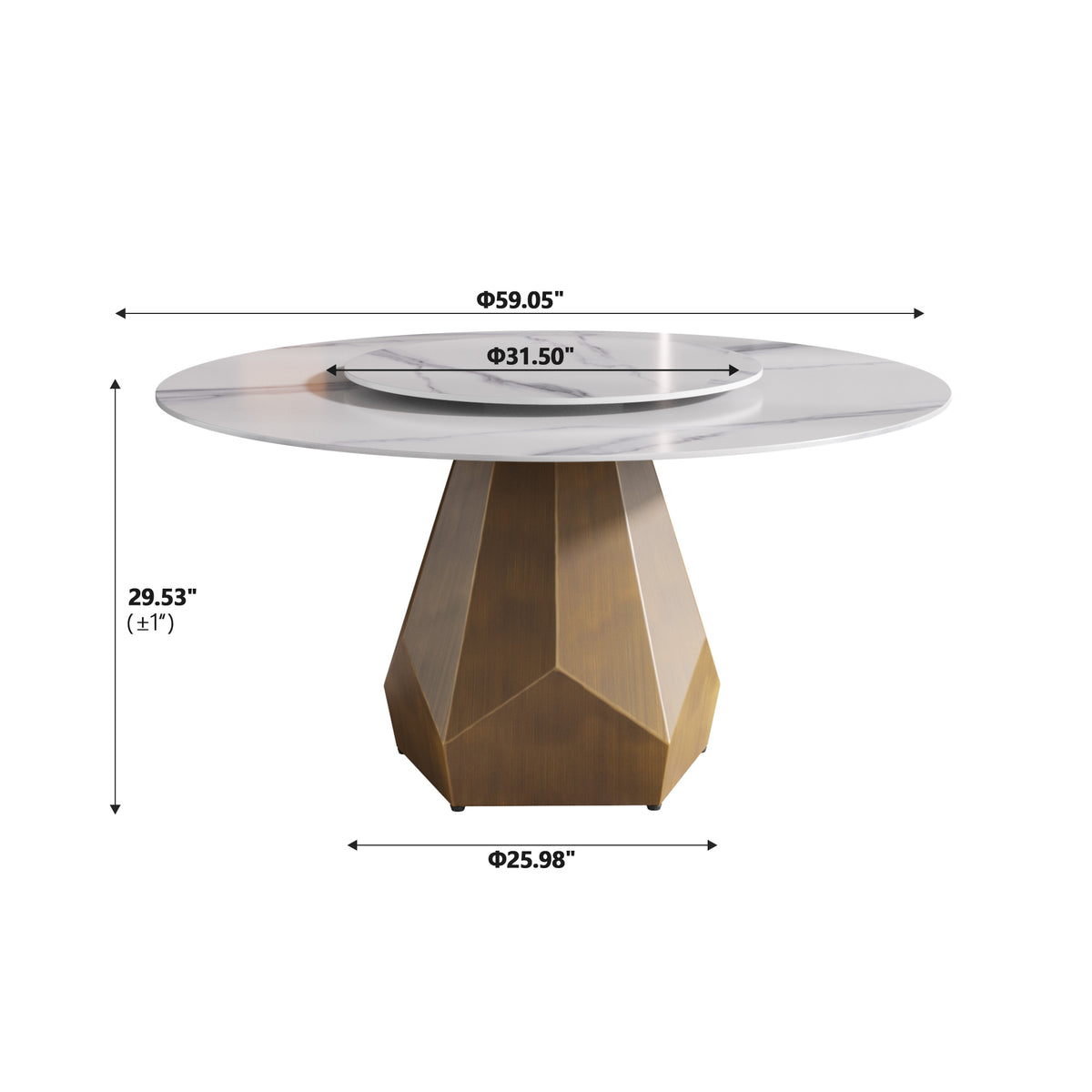 2 Sizes & 2 Colors Round Dining Table – Optional Rotating Lazy Susan, Gold-Geometric Pedestal Base
