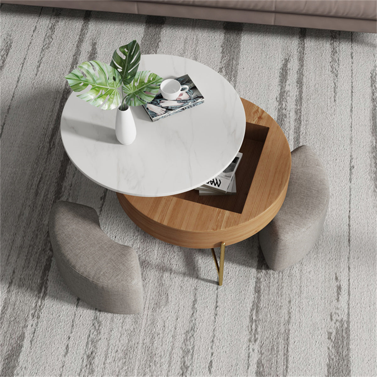 Lift-Top Round Coffee Table with Hidden Storage & 3 Upholstered Stools – 2 Color Options (Black/Natural Wood)