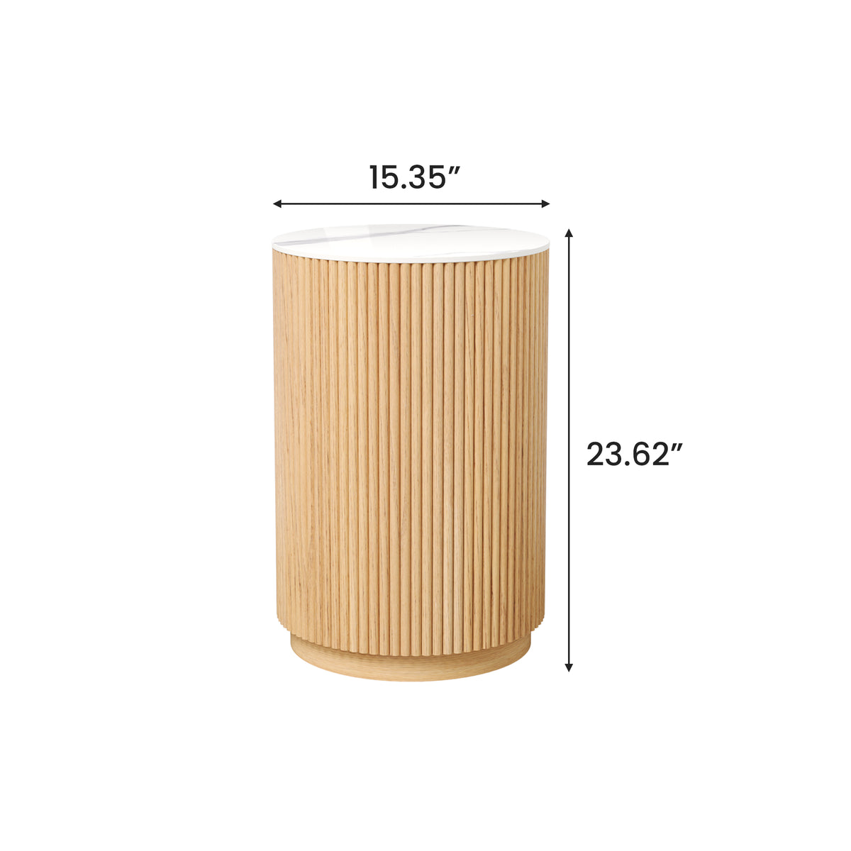 Ribbed Round Side Table – Natural Wood with Marble Tabletop, Modern End Table for Living Room