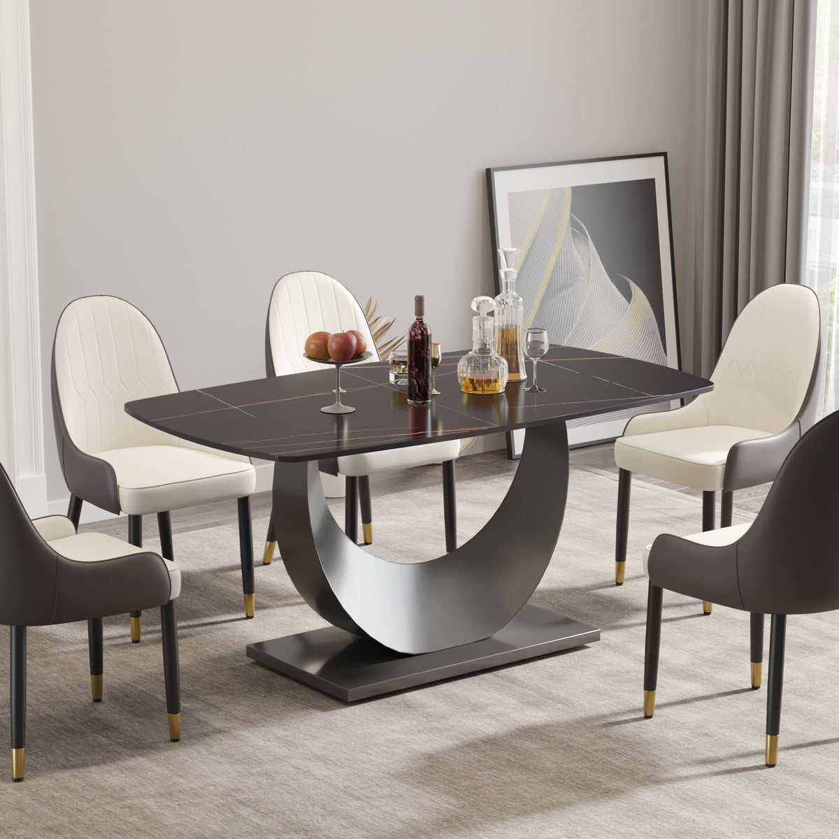 63″ Light Luxury Sintered Stone Dining Table with Stainless Steel Base,Dining Table for 6 Person for Dining Room, White Tabletop