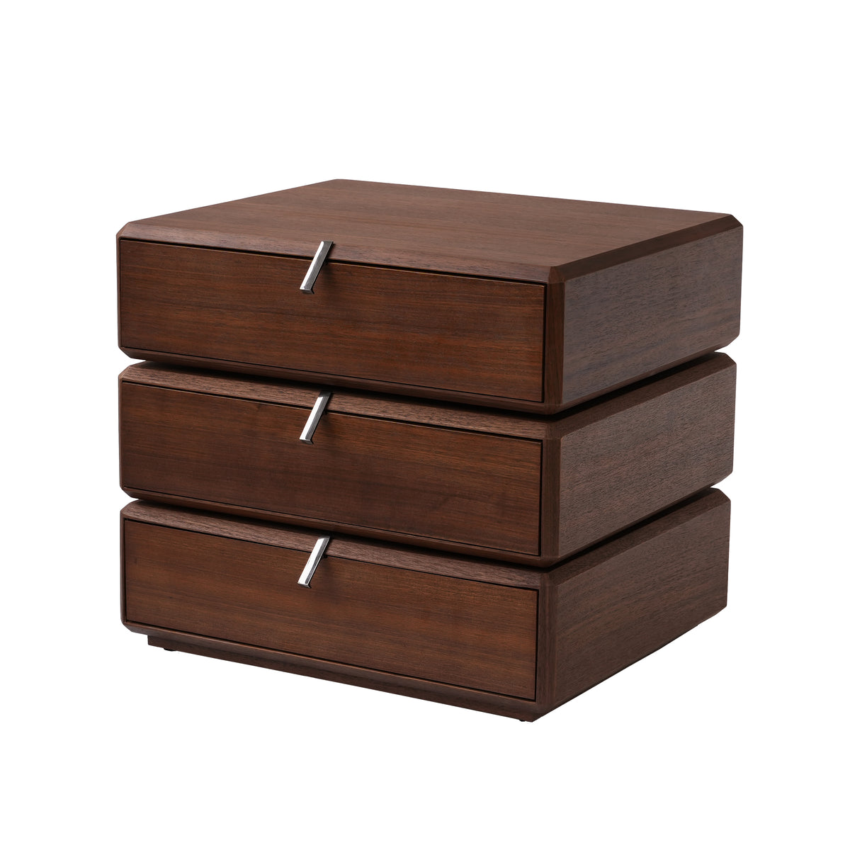 Rotating 3-Drawer Walnut Nightstand – Modern Rotatable Bedside Table with Metal Handles