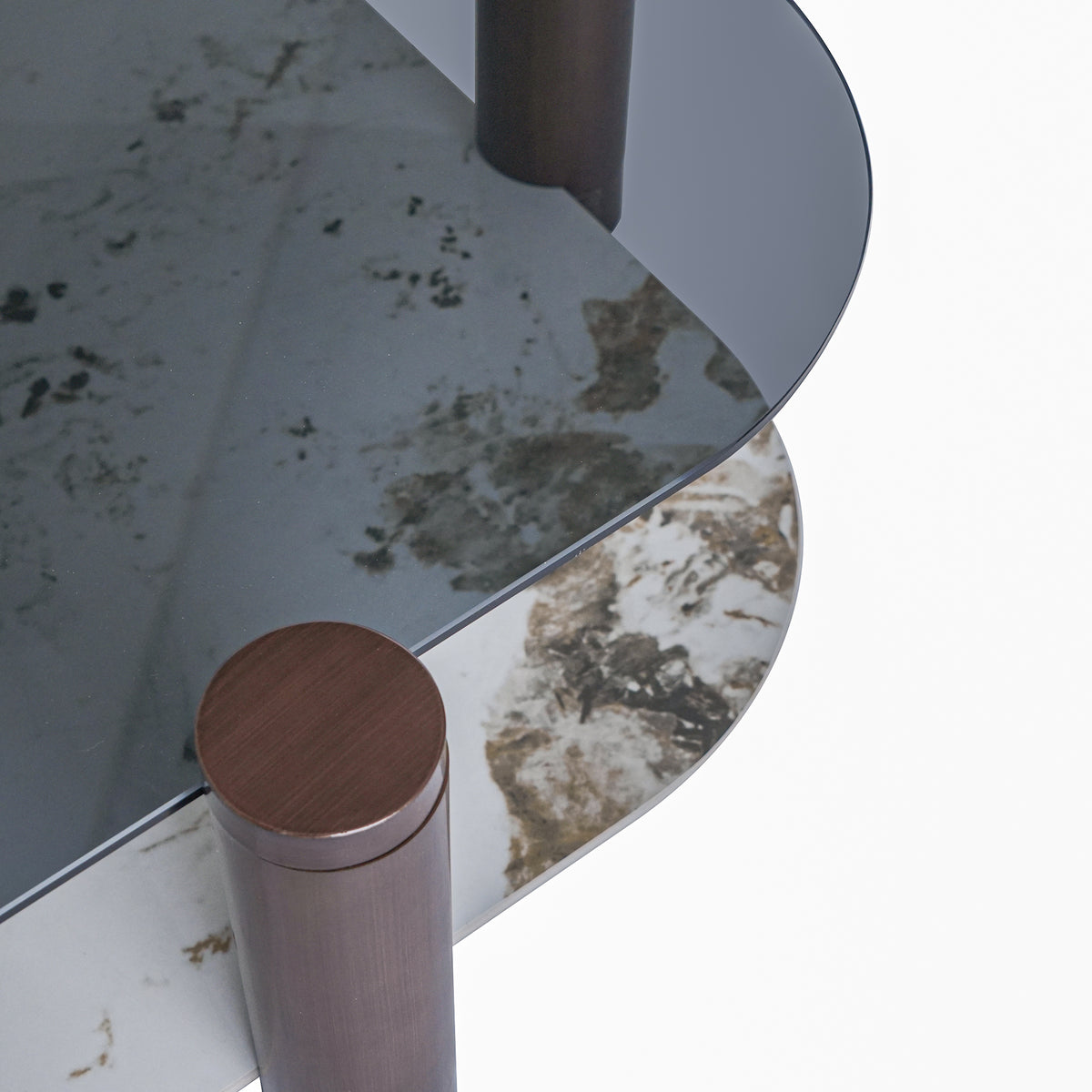 Two-Tier Coffee Table with Glass & Artificial Marble Tops, 2 Color Options (Bronze/White)