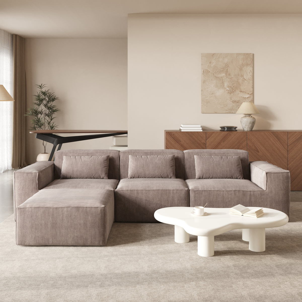 Compressible Modular Sectional Sofa – Cloud Velvet Fabric + Flexible Assembly, Minimalist Relaxed Vibe Living Room Sofa