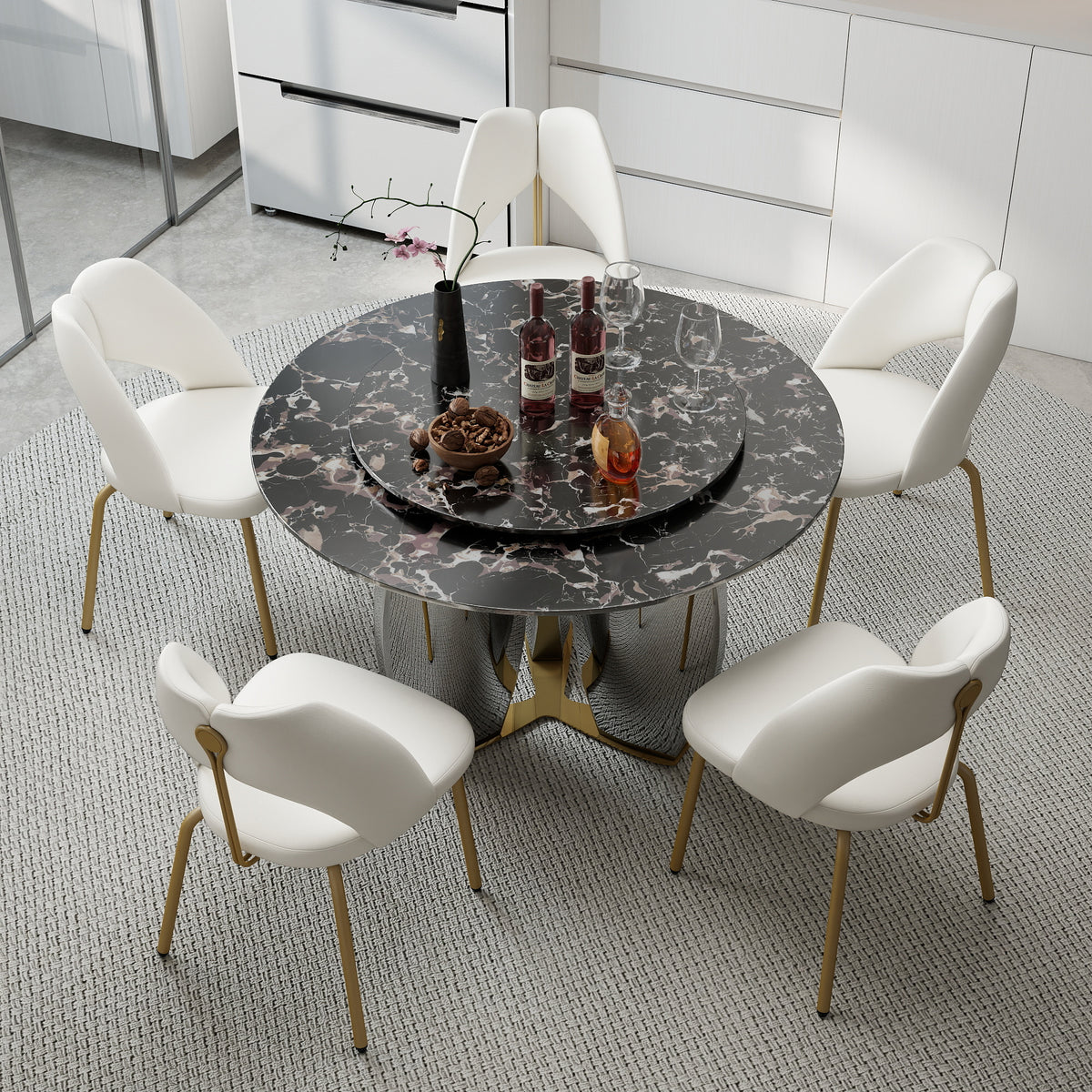 Mirrored Base Round Dining Table – 2 Color/Size Marble Tabletop Options, Optional Lazy Susan