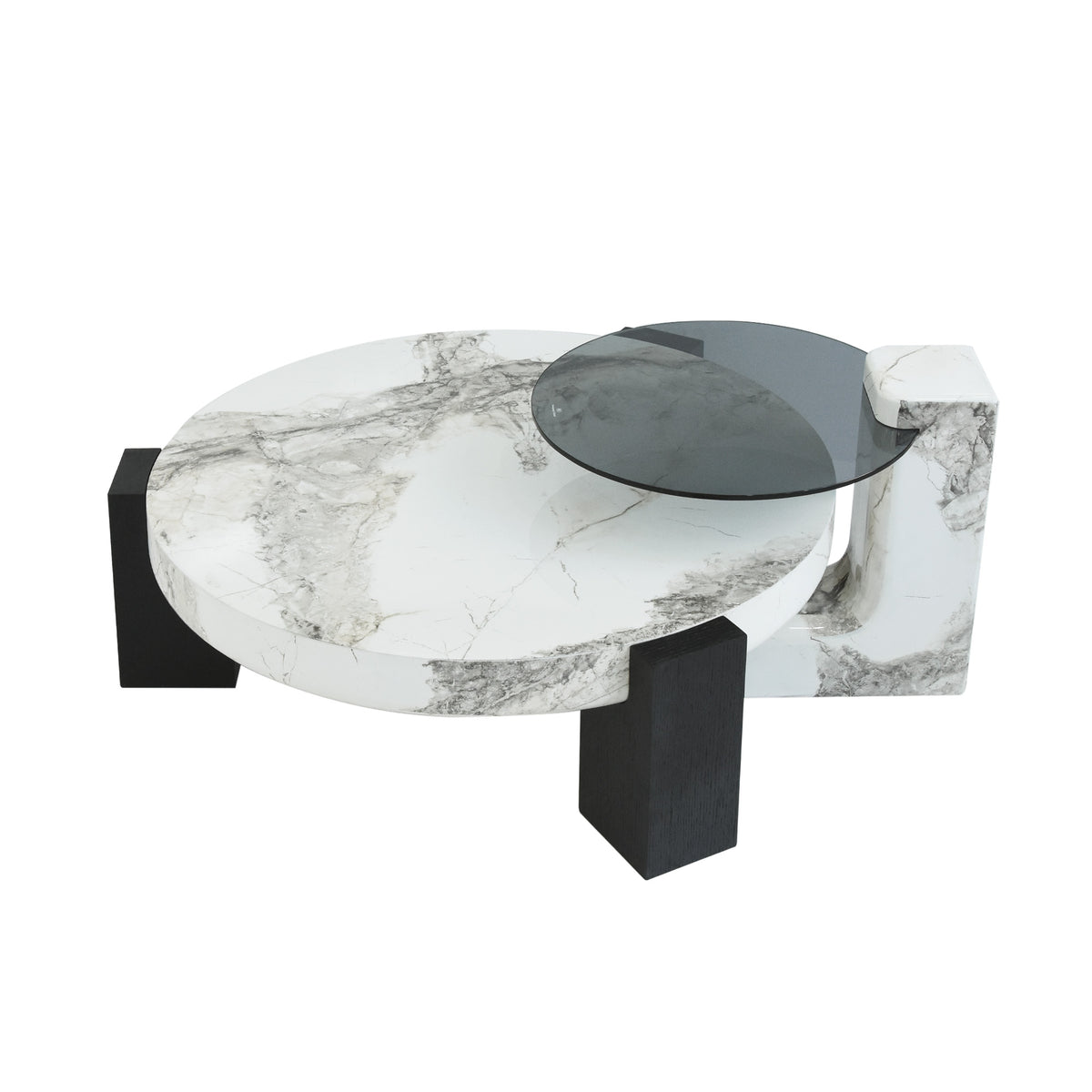 Black & White Veined Laminate Round Coffee Table – Contrast Block Legs Center Table