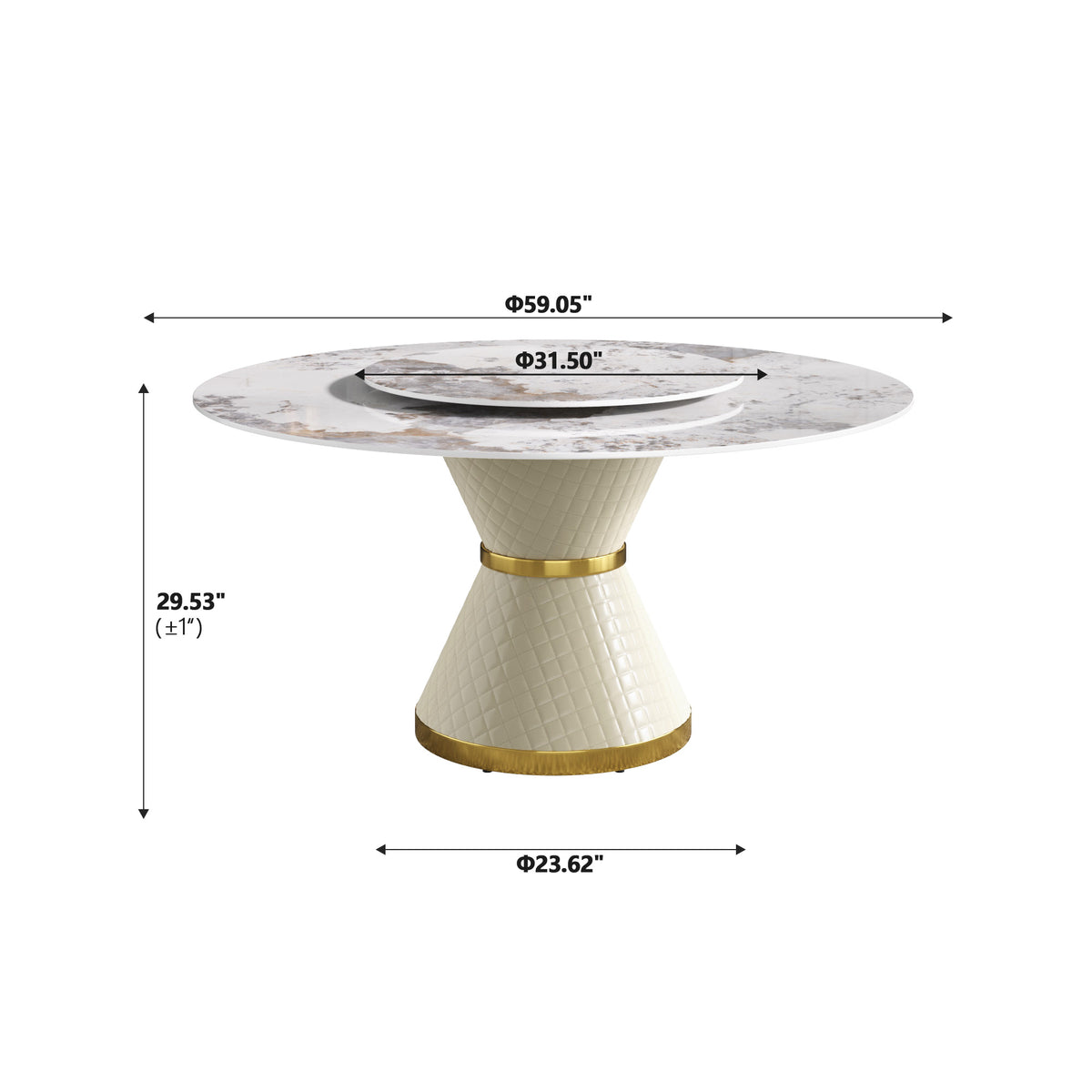 2 Sizes Round Sintered Stone Dining Table – Optional Rotating Lazy Susan, 2 Colors (Black/White) Pedestal Base with Gold Trim, Marble Pattern Tabletop