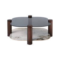Two-Tier Coffee Table with Glass & Artificial Marble Tops, 2 Color Options (Bronze/White)