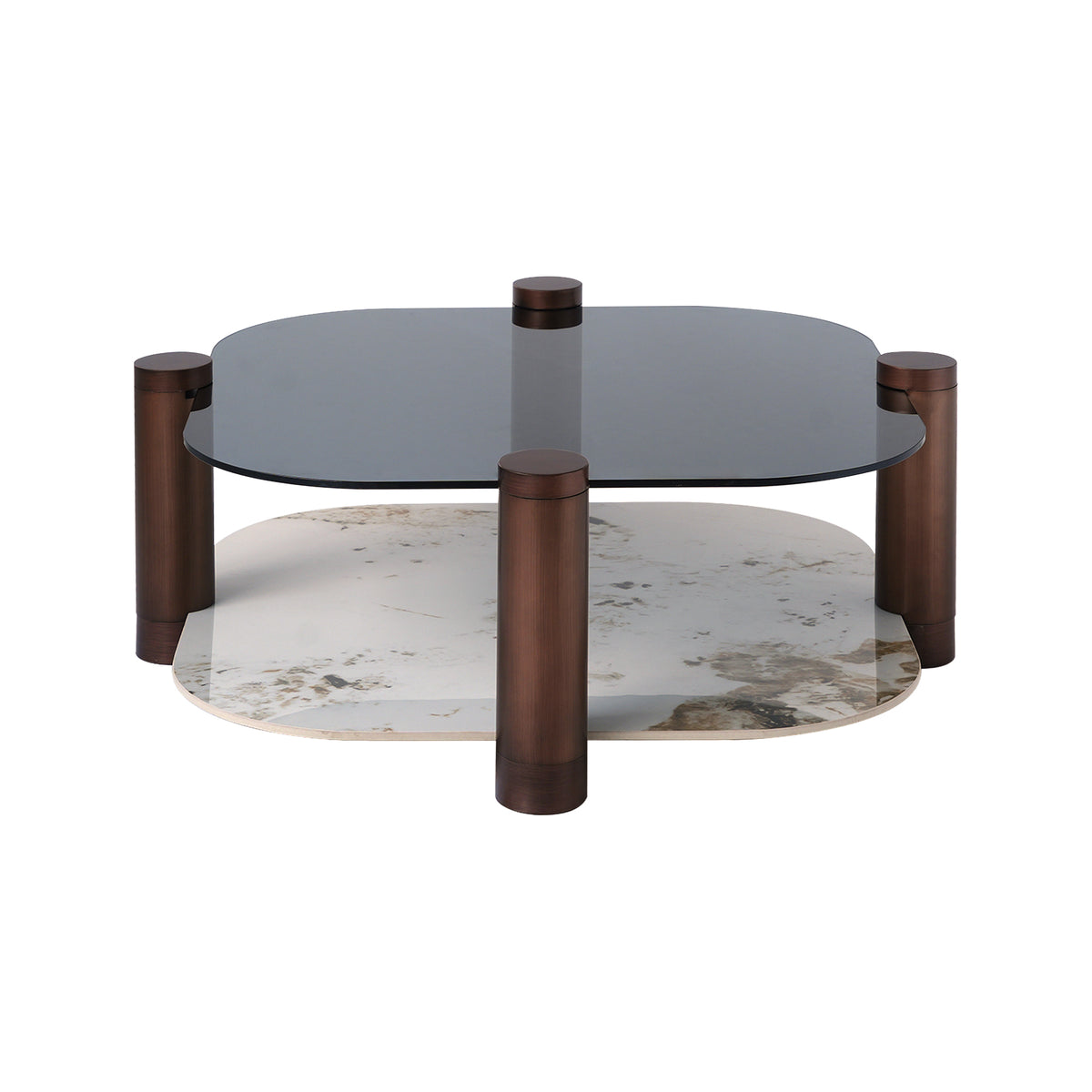 Two-Tier Coffee Table with Glass & Artificial Marble Tops, 2 Color Options (Bronze/White)