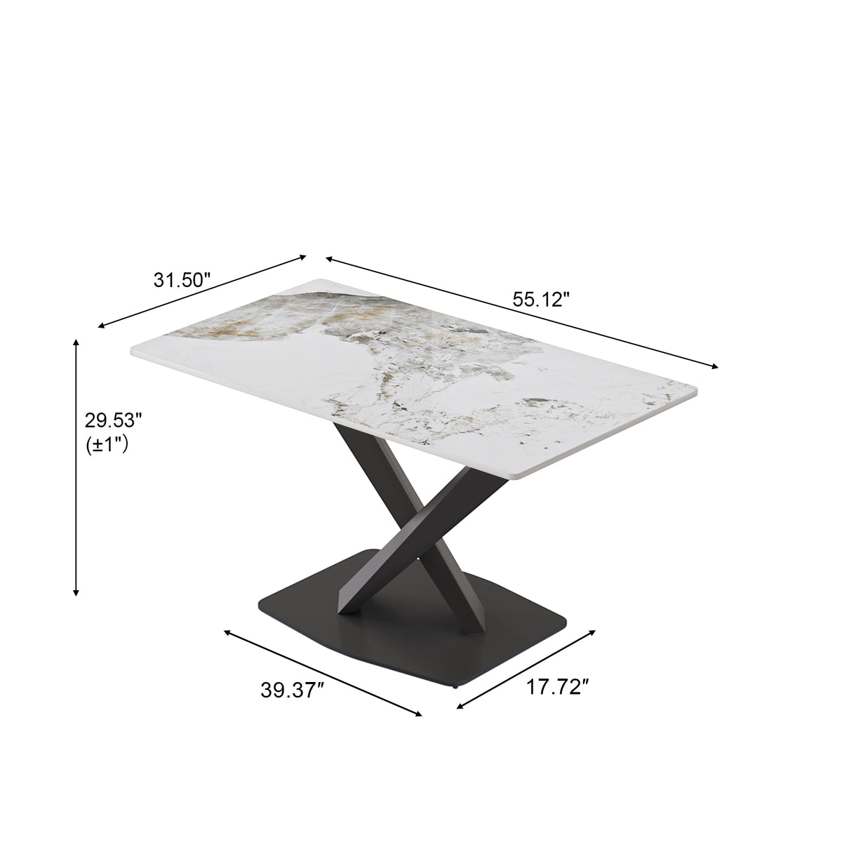 3 Sizes & 3 Colors Rectangular Dining Table – 2-Tone X-Shaped Metal Pedestal Base