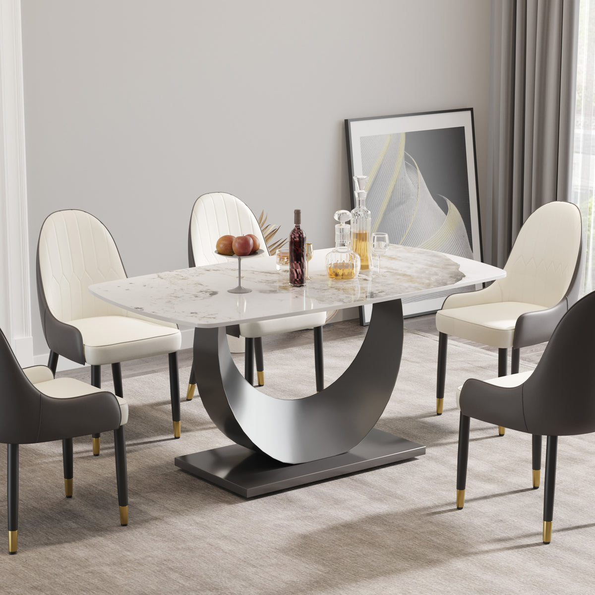 63″ Light Luxury Sintered Stone Dining Table with Stainless Steel Base,Dining Table for 6 Person for Dining Room, White Tabletop