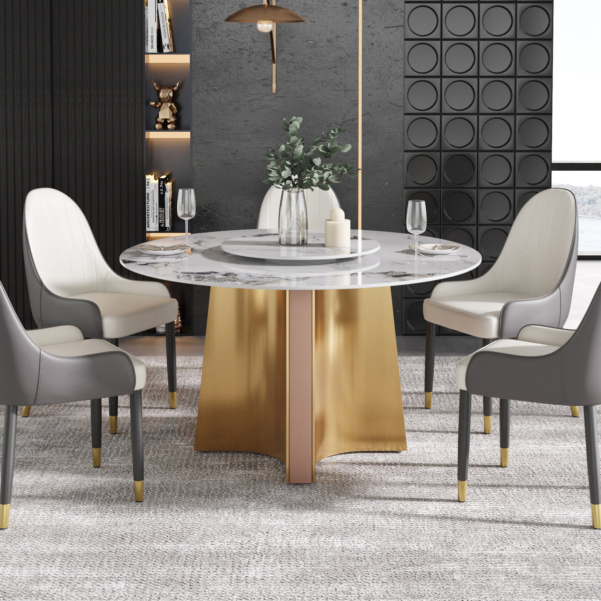 2 Sizes & 3 Colors Round Sintered Stone Dining Table – Optional Rotating Lazy Susan, Gold-Rose Gold Pedestal Base for Luxury Home